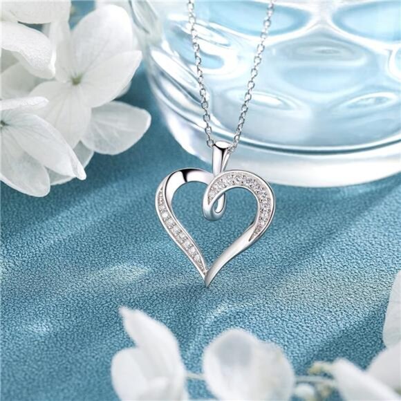 Silver Love Heart Necklace 925 Sterling Silver Platinum Plated Round - Picture 3 of 7